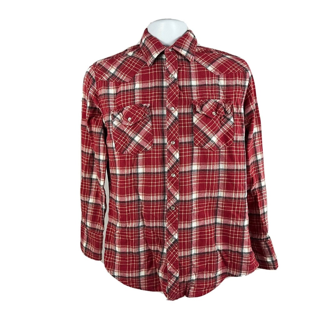 WRANGLER WRANCHER WESTERN FLANNEL SHIRT Pearl Snaps Plaid Cowboy Rodeo Medium